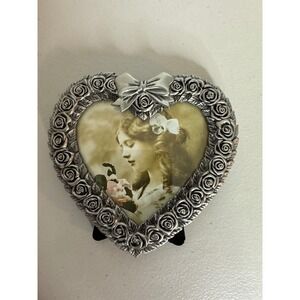 Vintage MT Pewter Tone Heart Picture Frame Rose Floral Bow Victorian Style 3.5in
